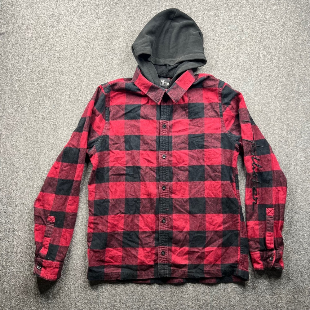 Hollister Hooded Flannel Shirt Mens Large Red Black Buffalo Plaid Long Sleeve